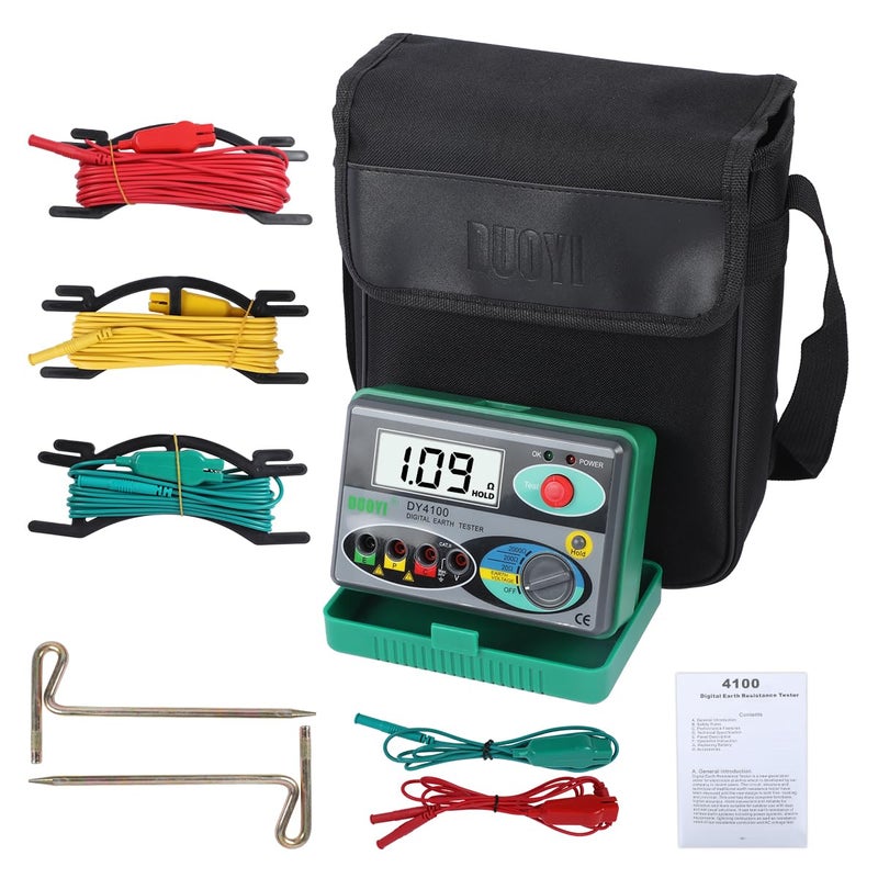 DUOYI Digital Earth Ground Resistance Tester,0-2000 ohm Meter Earth Resistance Tester,Overload Protection AC Ground Voltage Meter with 6Pcs 1.5V Battery,Tool Bag - Image 1